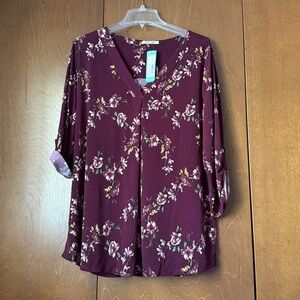 Beacon Roll Tab Knit Pullover in Burgandy Floral Print, 2X NWT Relaxed Fit